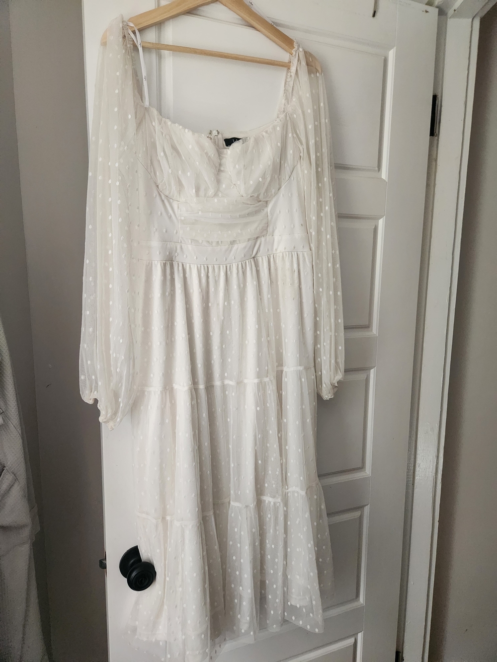 White Swiss Dot Long Sleeve Tiered Midi Dress